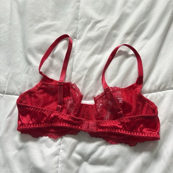 Vintage 90s Y2K Victoria's Secret Unlined Bra 36B Red Lace Nylon Rose Floral - Picture 5 of 9